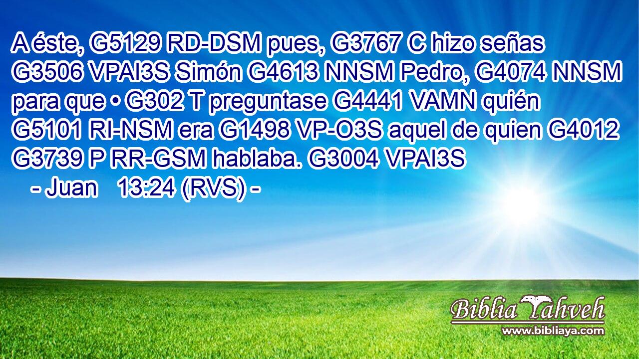 A éste, G5129 RD-DSM pues, G3767 C hizo señas G3506 VPAI3S Simón G4613 NNSM Pedro, G4074 NNSM para que • G302 T preguntase G4441 VAMN quién G5101 RI-NSM era G1498 VP-O3S aquel de quien G4012 G3739 P RR-GSM hablaba. G3004 VPAI3S 