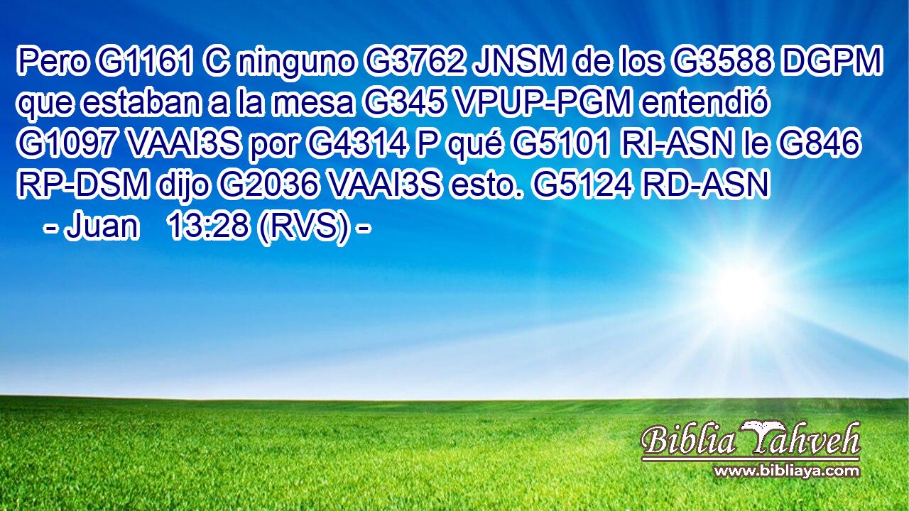 Pero G1161 C ninguno G3762 JNSM de los G3588 DGPM que estaban a la mesa G345 VPUP-PGM entendió G1097 VAAI3S por G4314 P qué G5101 RI-ASN le G846 RP-DSM dijo G2036 VAAI3S esto. G5124 RD-ASN 