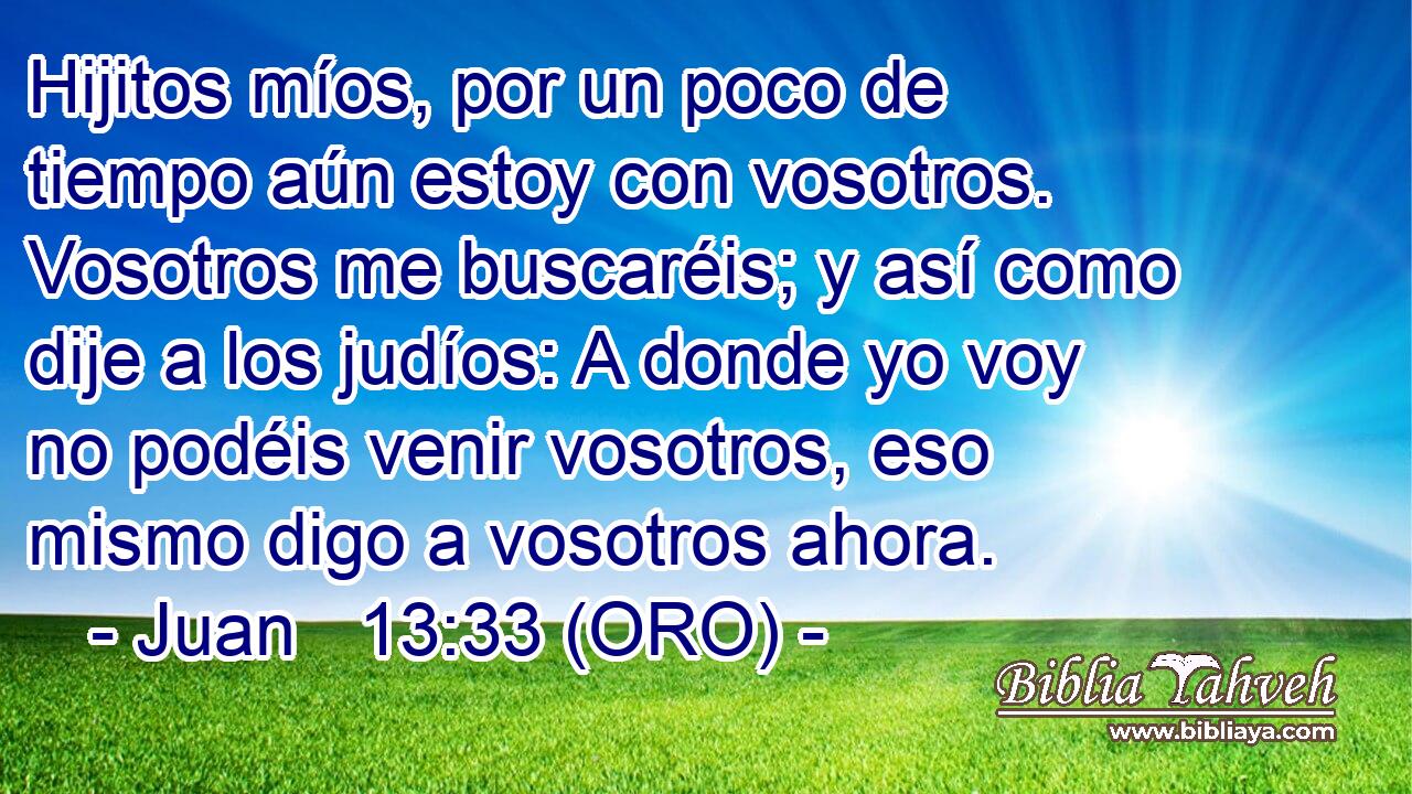  Hijitos míos, por un poco de tiempo aún estoy con vosotros. Vosotros me buscaréis; y así como dije a los judíos: A donde yo voy no podéis venir vosotros, eso mismo digo a vosotros ahora. 
