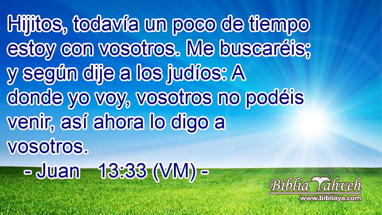  Hijitos, todavía un poco de tiempo estoy con vosotros. Me buscaréis; y según dije a los judíos: A donde yo voy, vosotros no podéis venir, así ahora lo digo a vosotros. 
