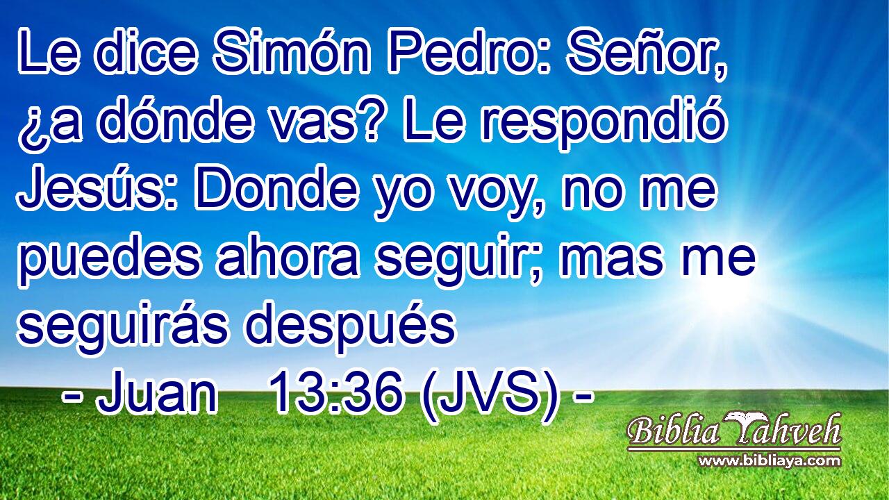 Le dice Simón Pedro: Señor, ¿a dónde vas? Le respondió Jesús: Donde yo voy, no me puedes ahora seguir; mas me seguirás después