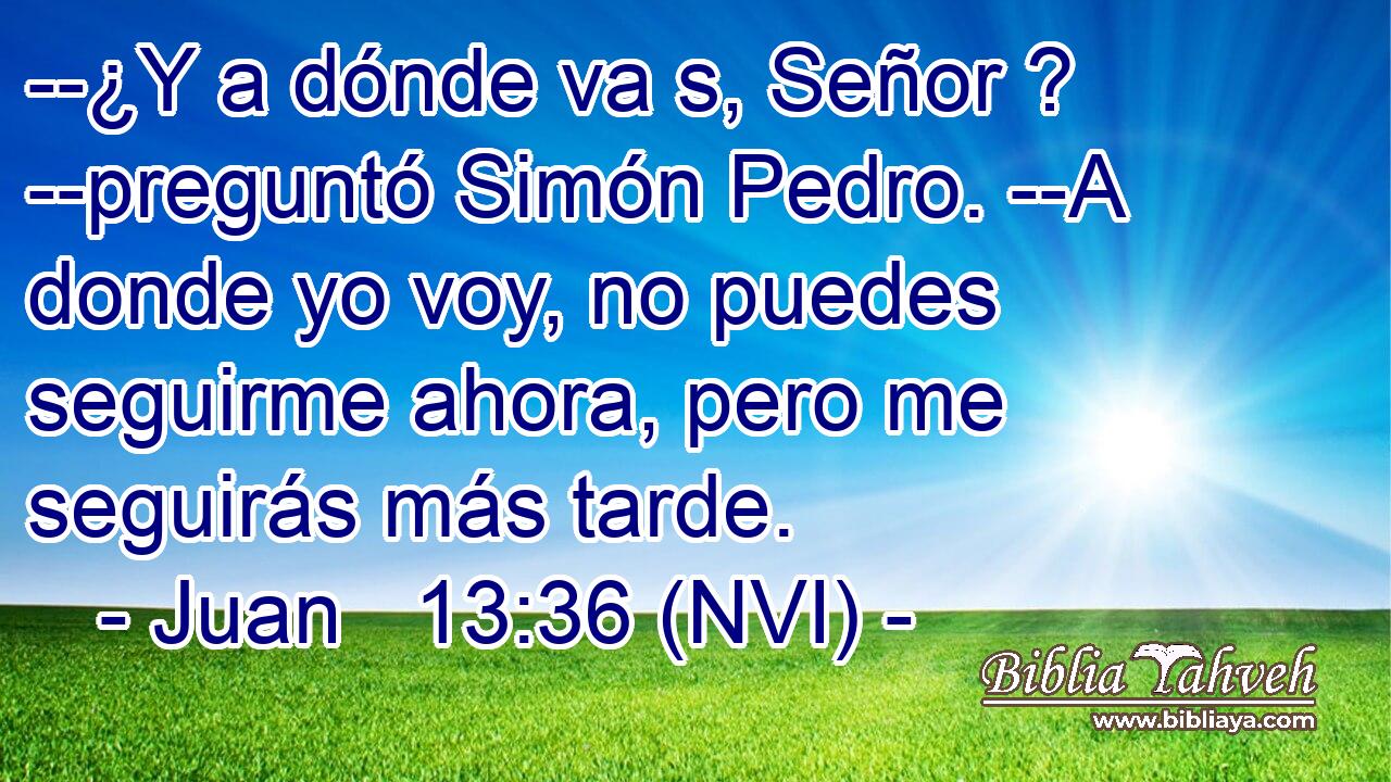  --¿Y a dónde va s, Señor ? --preguntó Simón Pedro. --A donde yo voy, no puedes seguirme ahora, pero me seguirás más tarde. 