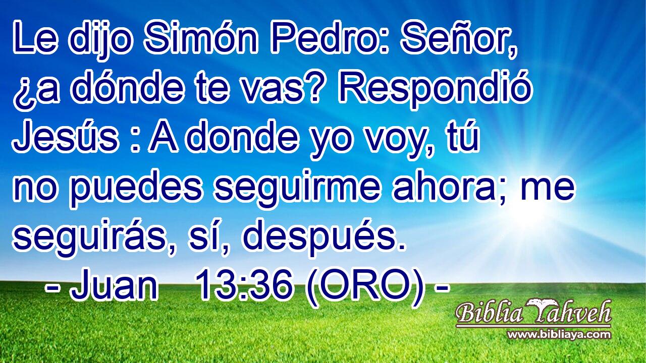  Le dijo Simón Pedro: Señor, ¿a dónde te vas? Respondió Jesús : A donde yo voy, tú no puedes seguirme ahora; me seguirás, sí, después. 