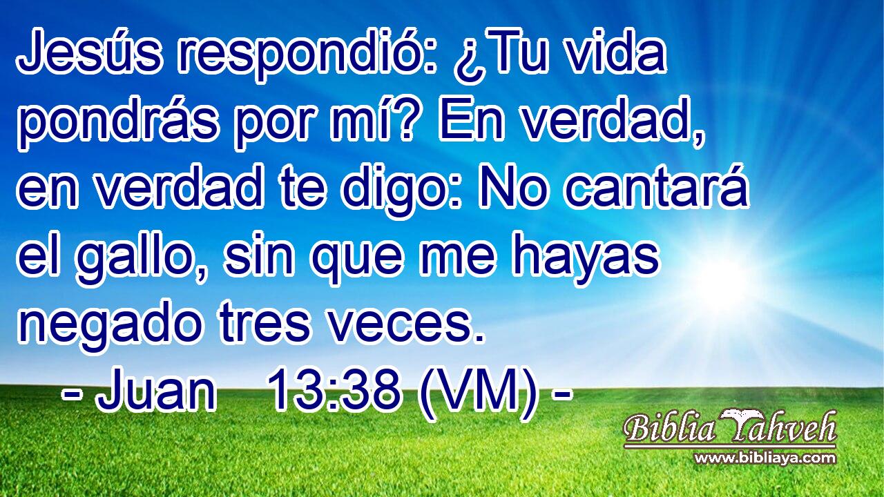  Jesús respondió: ¿Tu vida pondrás por mí? En verdad, en verdad te digo: No cantará el gallo, sin que me hayas negado tres veces. 