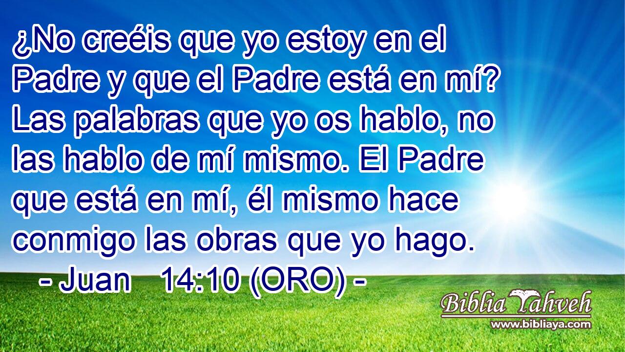  ¿No creéis que yo estoy en el Padre y que el Padre está en mí? Las palabras que yo os hablo, no las hablo de mí mismo. El Padre que está en mí, él mismo hace conmigo las obras que yo hago. 