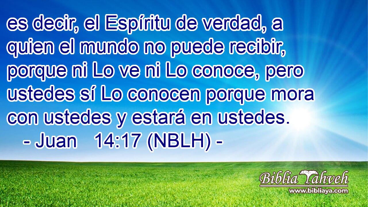  es decir, el Espíritu de verdad, a quien el mundo no puede recibir, porque ni Lo ve ni Lo conoce, pero ustedes sí Lo conocen porque mora con ustedes y estará en ustedes. 