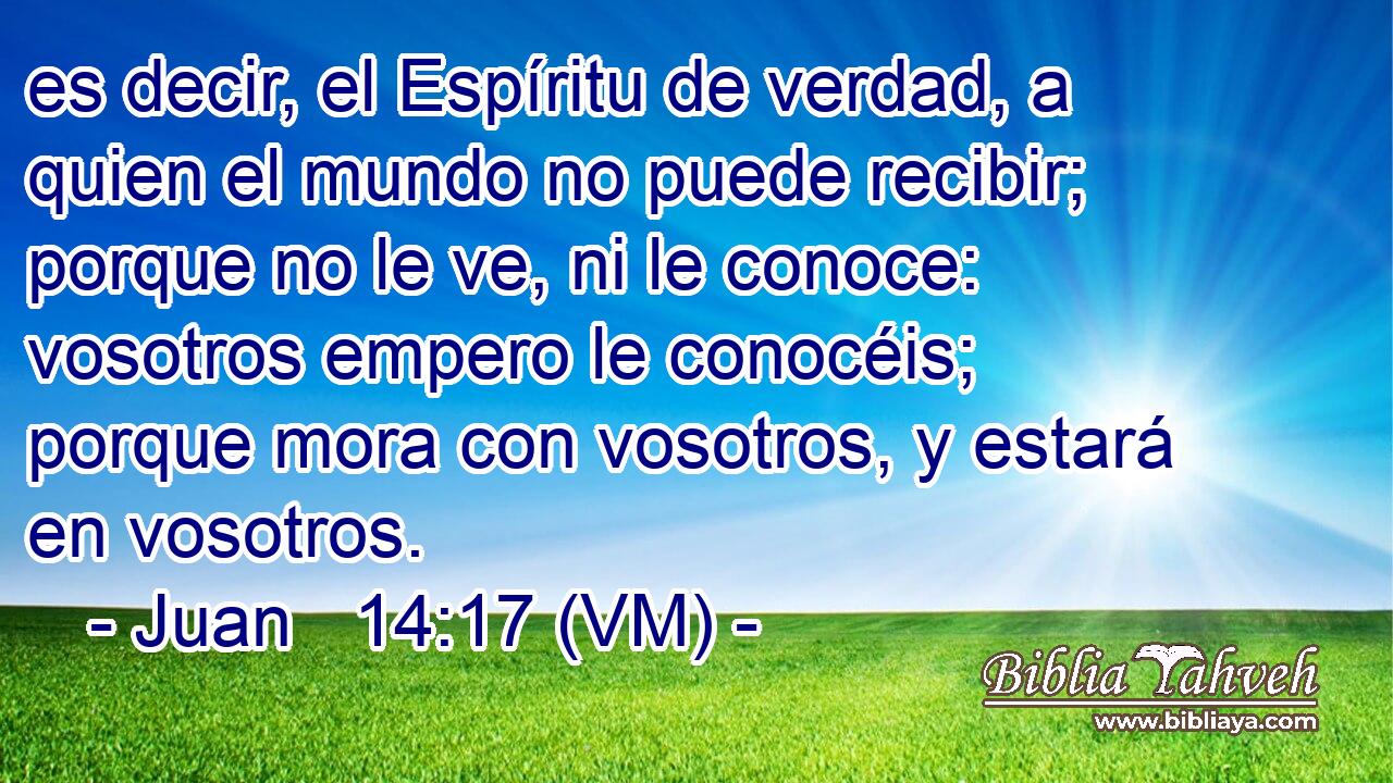  es decir, el Espíritu de verdad, a quien el mundo no puede recibir; porque no le ve, ni le conoce: vosotros empero le conocéis; porque mora con vosotros, y estará en vosotros. 