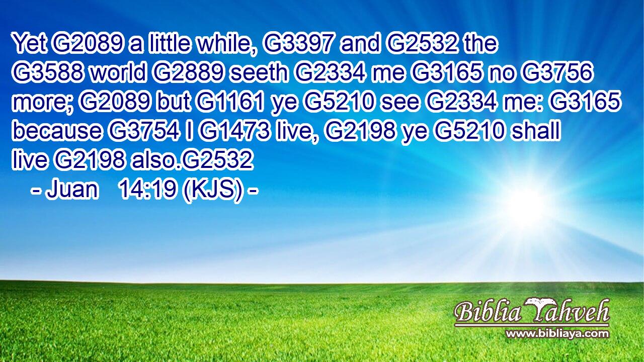 Yet G2089 a little while, G3397 and G2532 the G3588 world G2889 seeth G2334 me G3165 no G3756 more; G2089 but G1161 ye G5210 see G2334 me: G3165 because G3754 I G1473 live, G2198 ye G5210 shall live G2198 also.G2532