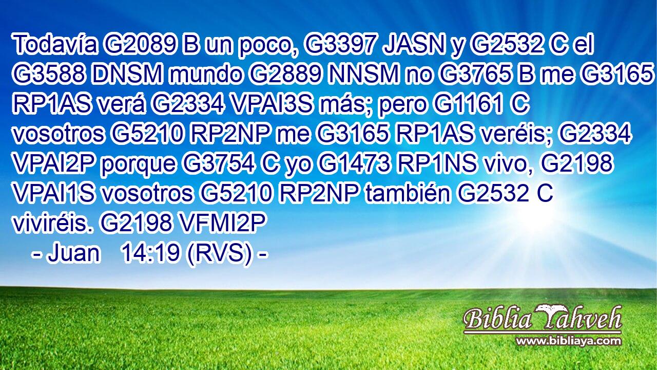 Todavía G2089 B un poco, G3397 JASN y G2532 C el G3588 DNSM mundo G2889 NNSM no G3765 B me G3165 RP1AS verá G2334 VPAI3S más; pero G1161 C vosotros G5210 RP2NP me G3165 RP1AS veréis; G2334 VPAI2P porque G3754 C yo G1473 RP1NS vivo, G2198 VPAI1S vosotros G5210 RP2NP también G2532 C viviréis. G2198 VFMI2P 