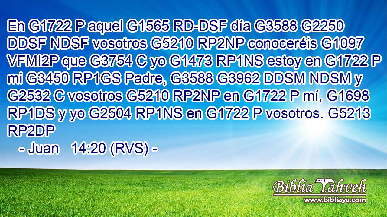 En G1722 P aquel G1565 RD-DSF día G3588 G2250 DDSF NDSF vosotros G5210 RP2NP conoceréis G1097 VFMI2P que G3754 C yo G1473 RP1NS estoy en G1722 P mi G3450 RP1GS Padre, G3588 G3962 DDSM NDSM y G2532 C vosotros G5210 RP2NP en G1722 P mí, G1698 RP1DS y yo G2504 RP1NS en G1722 P vosotros. G5213 RP2DP 