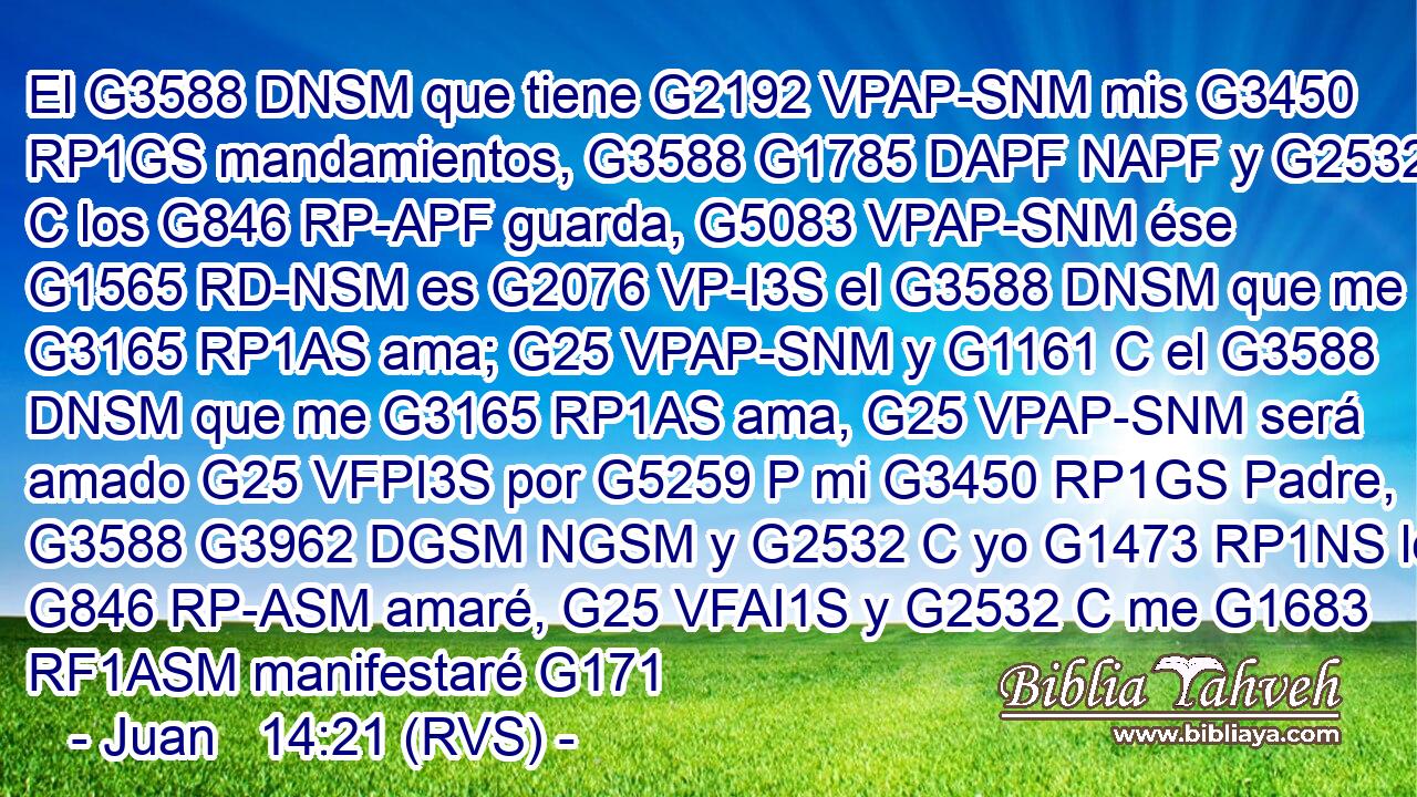 El G3588 DNSM que tiene G2192 VPAP-SNM mis G3450 RP1GS mandamientos, G3588 G1785 DAPF NAPF y G2532 C los G846 RP-APF guarda, G5083 VPAP-SNM ése G1565 RD-NSM es G2076 VP-I3S el G3588 DNSM que me G3165 RP1AS ama; G25 VPAP-SNM y G1161 C el G3588 DNSM que me G3165 RP1AS ama, G25 VPAP-SNM será amado G25 VFPI3S por G5259 P mi G3450 RP1GS Padre, G3588 G3962 DGSM NGSM y G2532 C yo G1473 RP1NS le G846 RP-ASM amaré, G25 VFAI1S y G2532 C me G1683 RF1ASM manifestaré G171