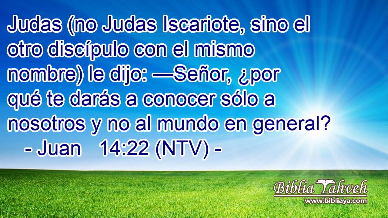 Judas (no Judas Iscariote, sino el otro discípulo con el mismo nombre) le dijo: —Señor, ¿por qué te darás a conocer sólo a nosotros y no al mundo en general?