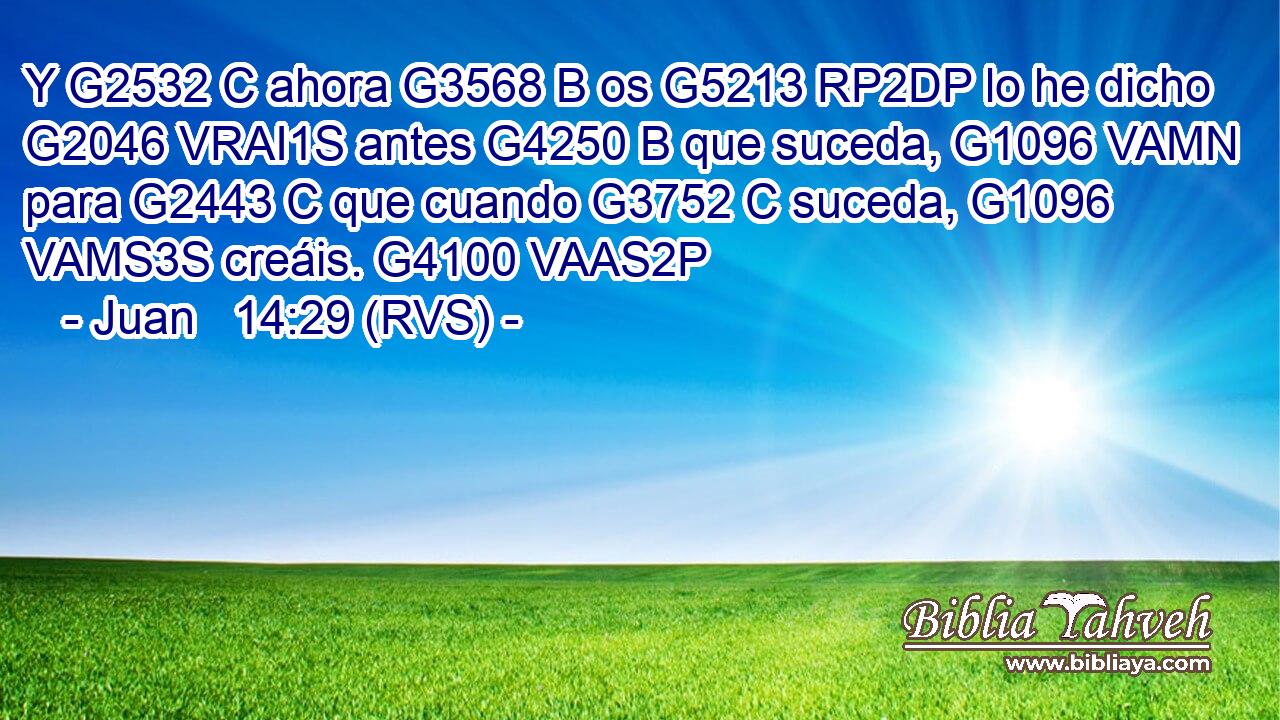 Y G2532 C ahora G3568 B os G5213 RP2DP lo he dicho G2046 VRAI1S antes G4250 B que suceda, G1096 VAMN para G2443 C que cuando G3752 C suceda, G1096 VAMS3S creáis. G4100 VAAS2P 