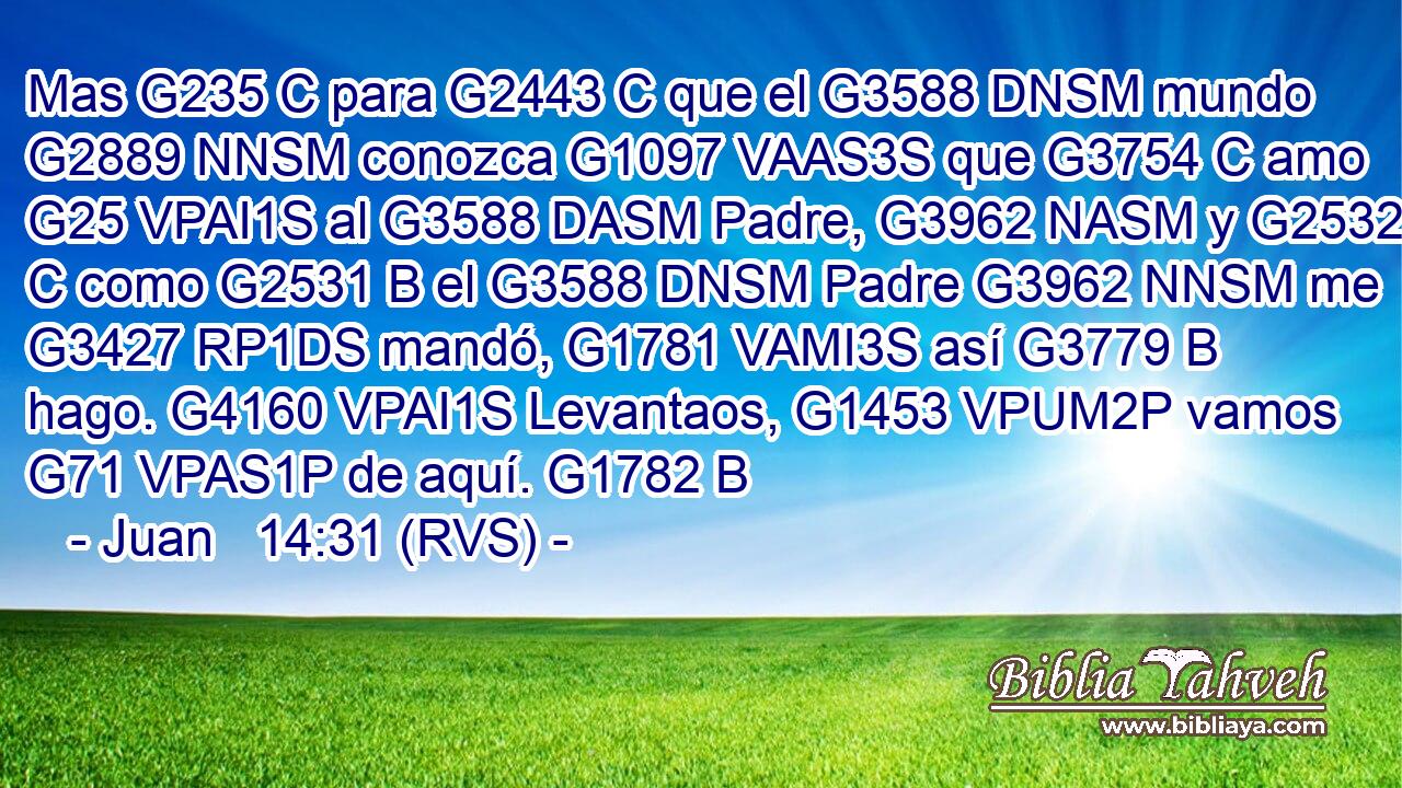 Mas G235 C para G2443 C que el G3588 DNSM mundo G2889 NNSM conozca G1097 VAAS3S que G3754 C amo G25 VPAI1S al G3588 DASM Padre, G3962 NASM y G2532 C como G2531 B el G3588 DNSM Padre G3962 NNSM me G3427 RP1DS mandó, G1781 VAMI3S así G3779 B hago. G4160 VPAI1S Levantaos, G1453 VPUM2P vamos G71 VPAS1P de aquí. G1782 B 