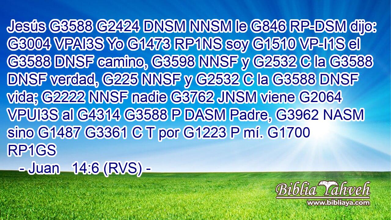 Jesús G3588 G2424 DNSM NNSM le G846 RP-DSM dijo: G3004 VPAI3S Yo G1473 RP1NS soy G1510 VP-I1S el G3588 DNSF camino, G3598 NNSF y G2532 C la G3588 DNSF verdad, G225 NNSF y G2532 C la G3588 DNSF vida; G2222 NNSF nadie G3762 JNSM viene G2064 VPUI3S al G4314 G3588 P DASM Padre, G3962 NASM sino G1487 G3361 C T por G1223 P mí. G1700 RP1GS 