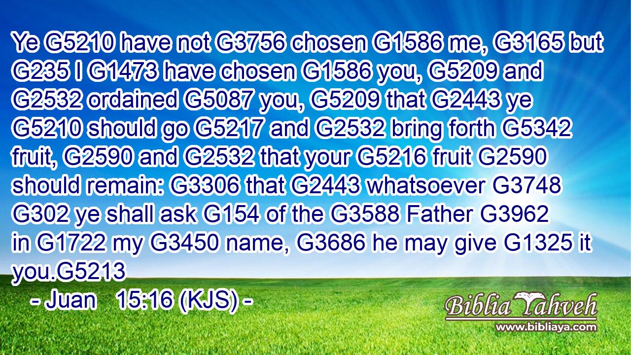 Ye G5210 have not G3756 chosen G1586 me, G3165 but G235 I G1473 have chosen G1586 you, G5209 and G2532 ordained G5087 you, G5209 that G2443 ye G5210 should go G5217 and G2532 bring forth G5342 fruit, G2590 and G2532 that your G5216 fruit G2590 should remain: G3306 that G2443 whatsoever G3748  G302 ye shall ask G154 of the G3588 Father G3962 in G1722 my G3450 name, G3686 he may give G1325 it you.G5213
