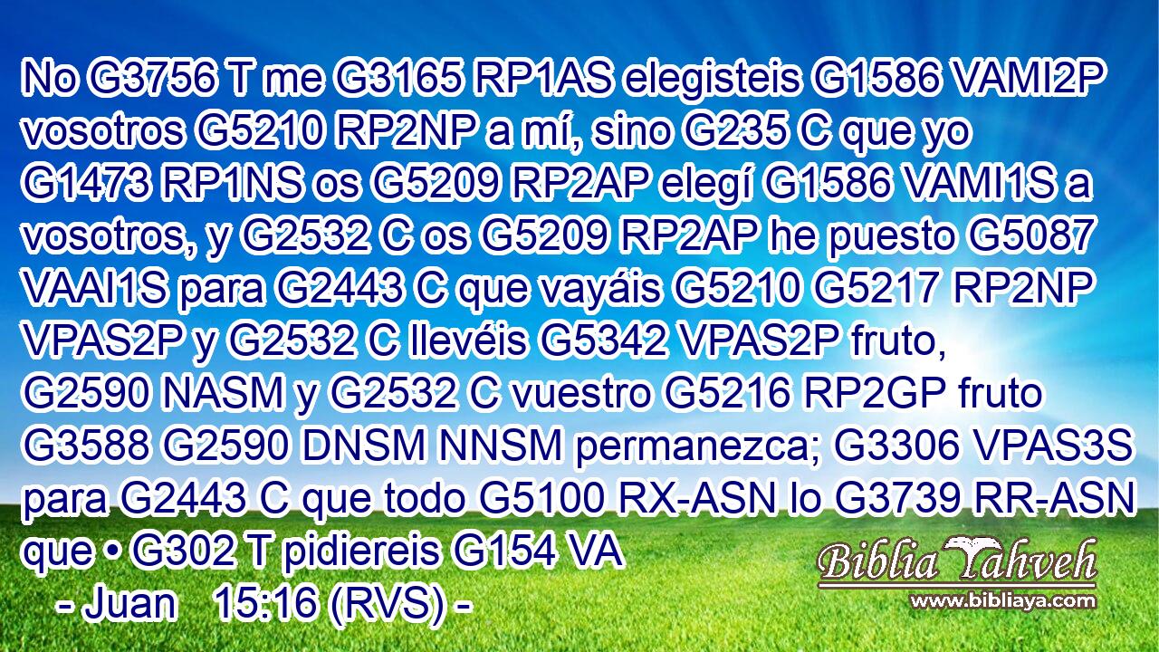 No G3756 T me G3165 RP1AS elegisteis G1586 VAMI2P vosotros G5210 RP2NP a mí, sino G235 C que yo G1473 RP1NS os G5209 RP2AP elegí G1586 VAMI1S a vosotros, y G2532 C os G5209 RP2AP he puesto G5087 VAAI1S para G2443 C que vayáis G5210 G5217 RP2NP VPAS2P y G2532 C llevéis G5342 VPAS2P fruto, G2590 NASM y G2532 C vuestro G5216 RP2GP fruto G3588 G2590 DNSM NNSM permanezca; G3306 VPAS3S para G2443 C que todo G5100 RX-ASN lo G3739 RR-ASN que • G302 T pidiereis G154 VA
