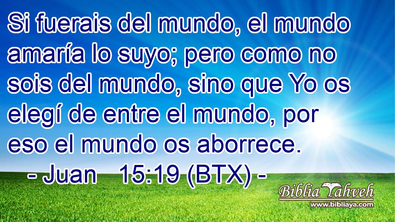 Si fuerais del mundo, el mundo amaría lo suyo; pero como no sois del mundo, sino que Yo os elegí de entre el mundo, por eso el mundo os aborrece.