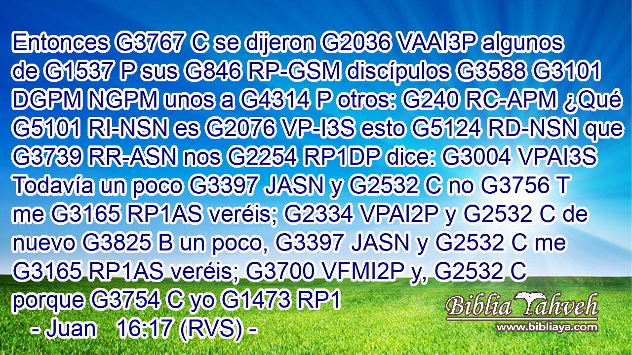 Entonces G3767 C se dijeron G2036 VAAI3P algunos de G1537 P sus G846 RP-GSM discípulos G3588 G3101 DGPM NGPM unos a G4314 P otros: G240 RC-APM ¿Qué G5101 RI-NSN es G2076 VP-I3S esto G5124 RD-NSN que G3739 RR-ASN nos G2254 RP1DP dice: G3004 VPAI3S Todavía un poco G3397 JASN y G2532 C no G3756 T me G3165 RP1AS veréis; G2334 VPAI2P y G2532 C de nuevo G3825 B un poco, G3397 JASN y G2532 C me G3165 RP1AS veréis; G3700 VFMI2P y, G2532 C porque G3754 C yo G1473 RP1