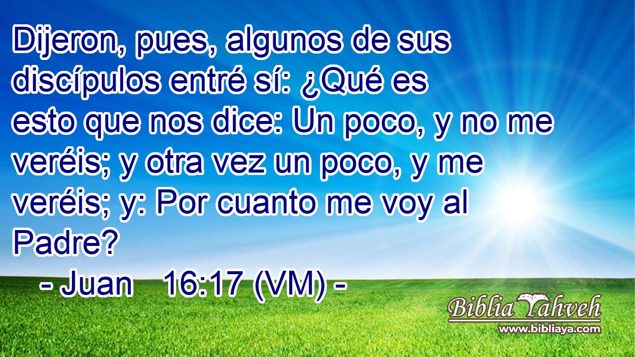  Dijeron, pues, algunos de sus discípulos entré sí: ¿Qué es esto que nos dice: Un poco, y no me veréis; y otra vez un poco, y me veréis; y: Por cuanto me voy al Padre? 