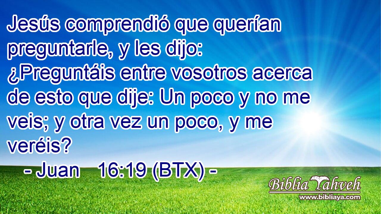 Jesús comprendió que querían preguntarle, y les dijo: ¿Preguntáis entre vosotros acerca de esto que dije: Un poco y no me veis; y otra vez un poco, y me veréis?