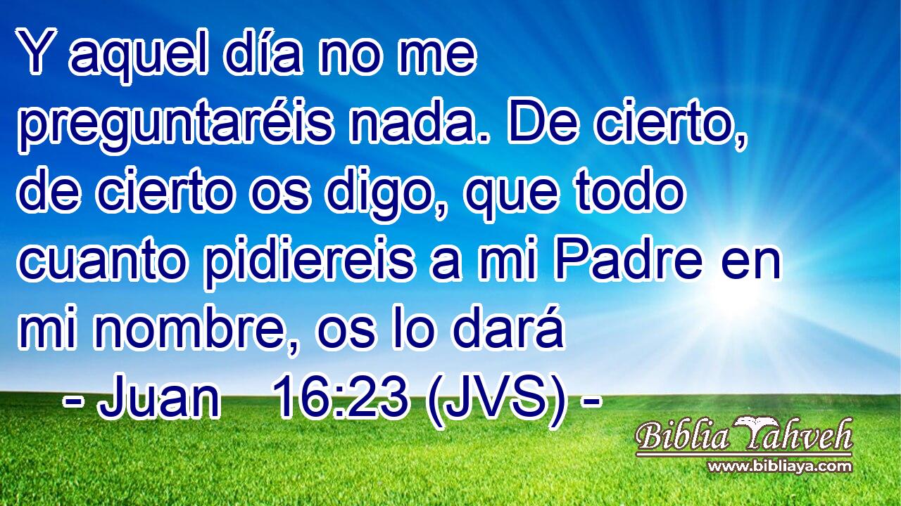 Y aquel día no me preguntaréis nada. De cierto, de cierto os digo, que todo cuanto pidiereis a mi Padre en mi nombre, os lo dará