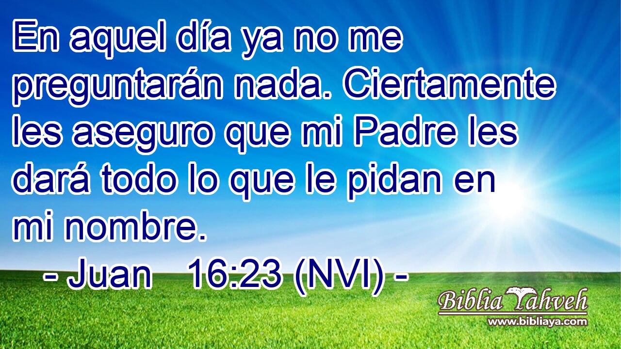  En aquel día ya no me preguntarán nada. Ciertamente les aseguro que mi Padre les dará todo lo que le pidan en mi nombre. 