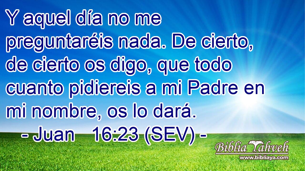 Y aquel día no me preguntaréis nada. De cierto, de cierto os digo, que todo cuanto pidiereis a mi Padre en mi nombre, os lo dará.