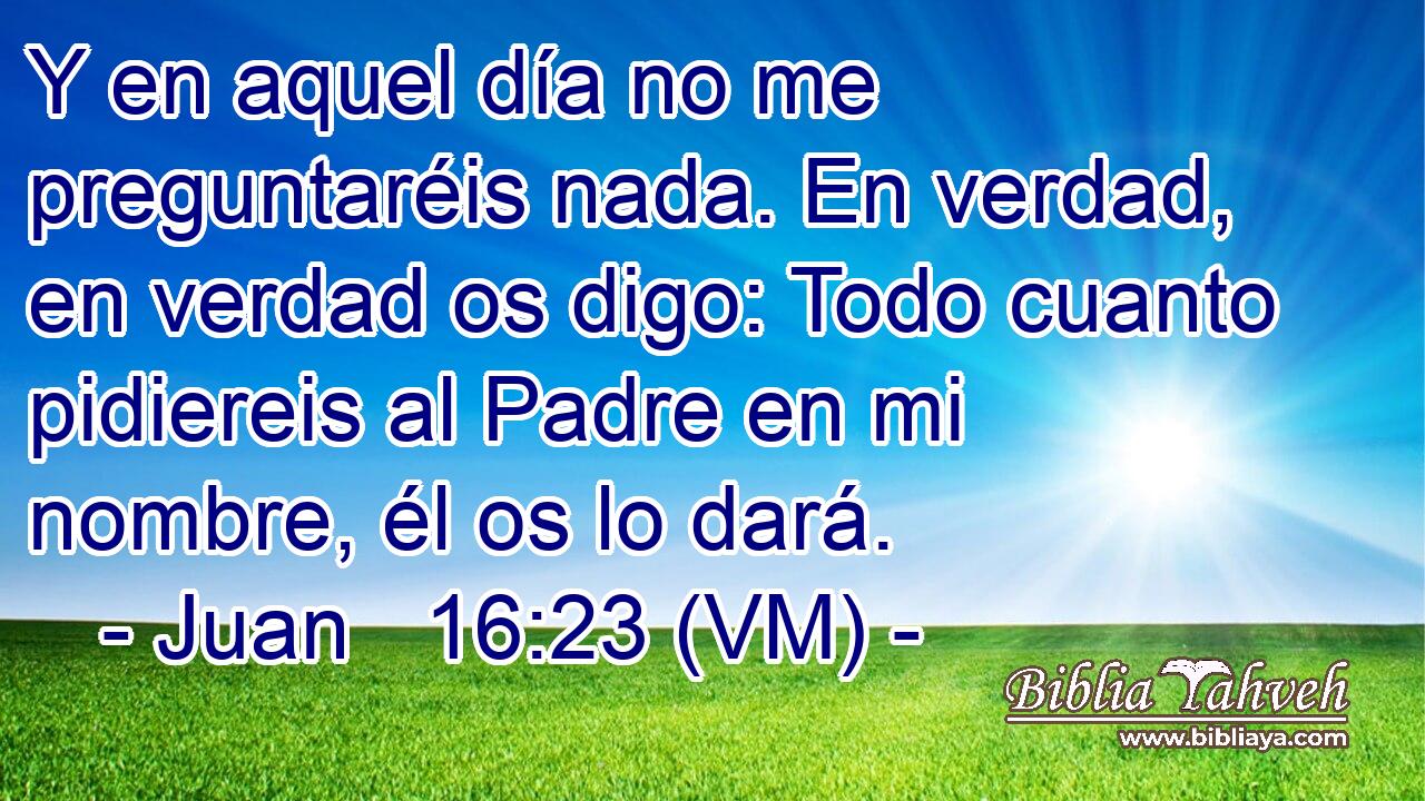  Y en aquel día no me preguntaréis nada. En verdad, en verdad os digo: Todo cuanto pidiereis al Padre en mi nombre, él os lo dará. 