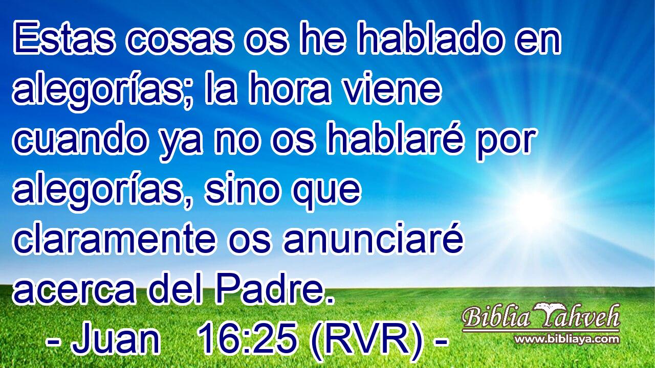 Estas cosas os he hablado en alegorías; la hora viene cuando ya no os hablaré por alegorías, sino que claramente os anunciaré acerca del Padre.