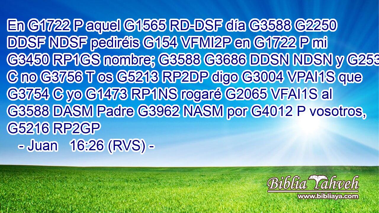 En G1722 P aquel G1565 RD-DSF día G3588 G2250 DDSF NDSF pediréis G154 VFMI2P en G1722 P mi G3450 RP1GS nombre; G3588 G3686 DDSN NDSN y G2532 C no G3756 T os G5213 RP2DP digo G3004 VPAI1S que G3754 C yo G1473 RP1NS rogaré G2065 VFAI1S al G3588 DASM Padre G3962 NASM por G4012 P vosotros, G5216 RP2GP 