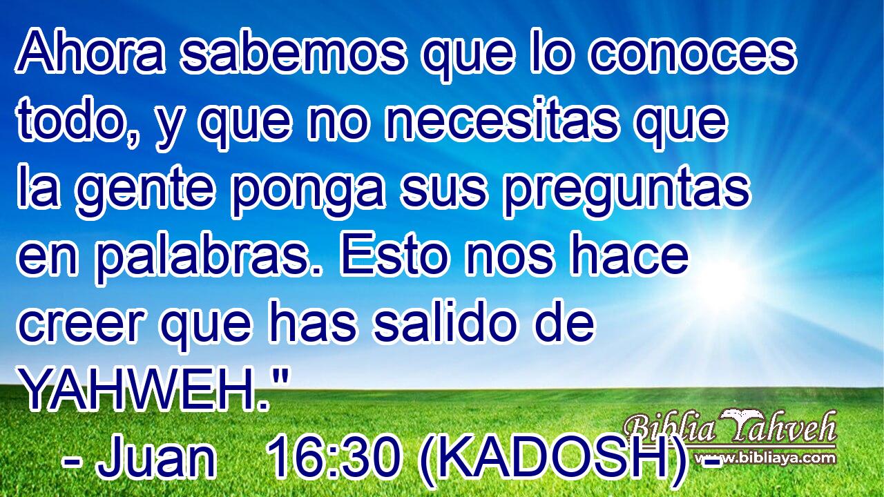  Ahora sabemos que lo conoces todo, y que no necesitas que la gente ponga sus preguntas en palabras. Esto nos hace creer que has salido de YAHWEH.