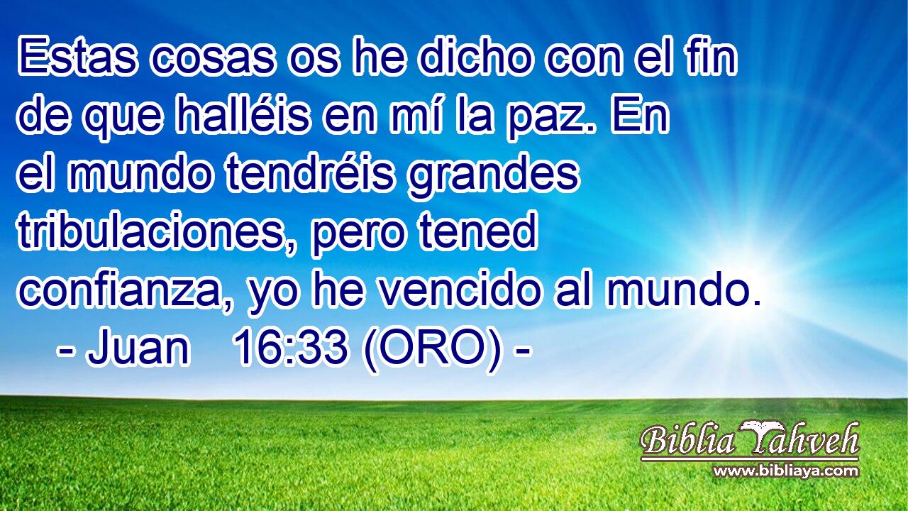  Estas cosas os he dicho con el fin de que halléis en mí la paz. En el mundo tendréis grandes tribulaciones, pero tened confianza, yo he vencido al mundo. 