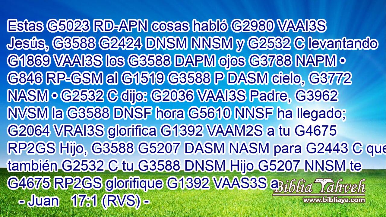 Estas G5023 RD-APN cosas habló G2980 VAAI3S Jesús, G3588 G2424 DNSM NNSM y G2532 C levantando G1869 VAAI3S los G3588 DAPM ojos G3788 NAPM • G846 RP-GSM al G1519 G3588 P DASM cielo, G3772 NASM • G2532 C dijo: G2036 VAAI3S Padre, G3962 NVSM la G3588 DNSF hora G5610 NNSF ha llegado; G2064 VRAI3S glorifica G1392 VAAM2S a tu G4675 RP2GS Hijo, G3588 G5207 DASM NASM para G2443 C que también G2532 C tu G3588 DNSM Hijo G5207 NNSM te G4675 RP2GS glorifique G1392 VAAS3S a