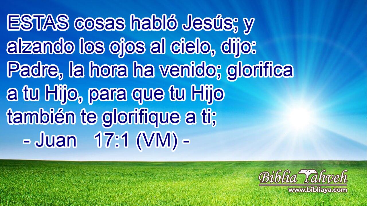  ESTAS cosas habló Jesús; y alzando los ojos al cielo, dijo: Padre, la hora ha venido; glorifica a tu Hijo, para que tu Hijo también te glorifique a ti; 
