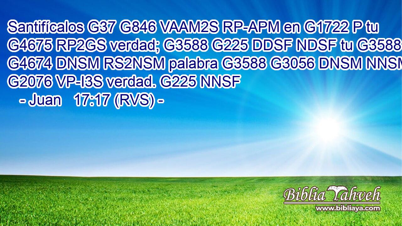 Santifícalos G37 G846 VAAM2S RP-APM en G1722 P tu G4675 RP2GS verdad; G3588 G225 DDSF NDSF tu G3588 G4674 DNSM RS2NSM palabra G3588 G3056 DNSM NNSM es G2076 VP-I3S verdad. G225 NNSF 