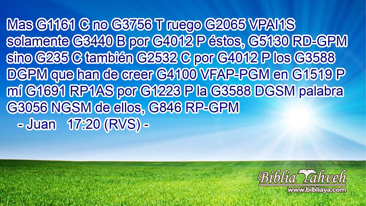 Mas G1161 C no G3756 T ruego G2065 VPAI1S solamente G3440 B por G4012 P éstos, G5130 RD-GPM sino G235 C también G2532 C por G4012 P los G3588 DGPM que han de creer G4100 VFAP-PGM en G1519 P mí G1691 RP1AS por G1223 P la G3588 DGSM palabra G3056 NGSM de ellos, G846 RP-GPM 
