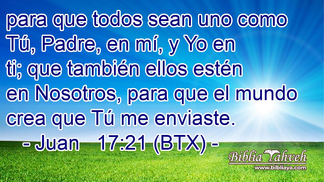 para que todos sean uno como Tú, Padre, en mí, y Yo en ti; que también ellos estén en Nosotros, para que el mundo crea que Tú me enviaste.
