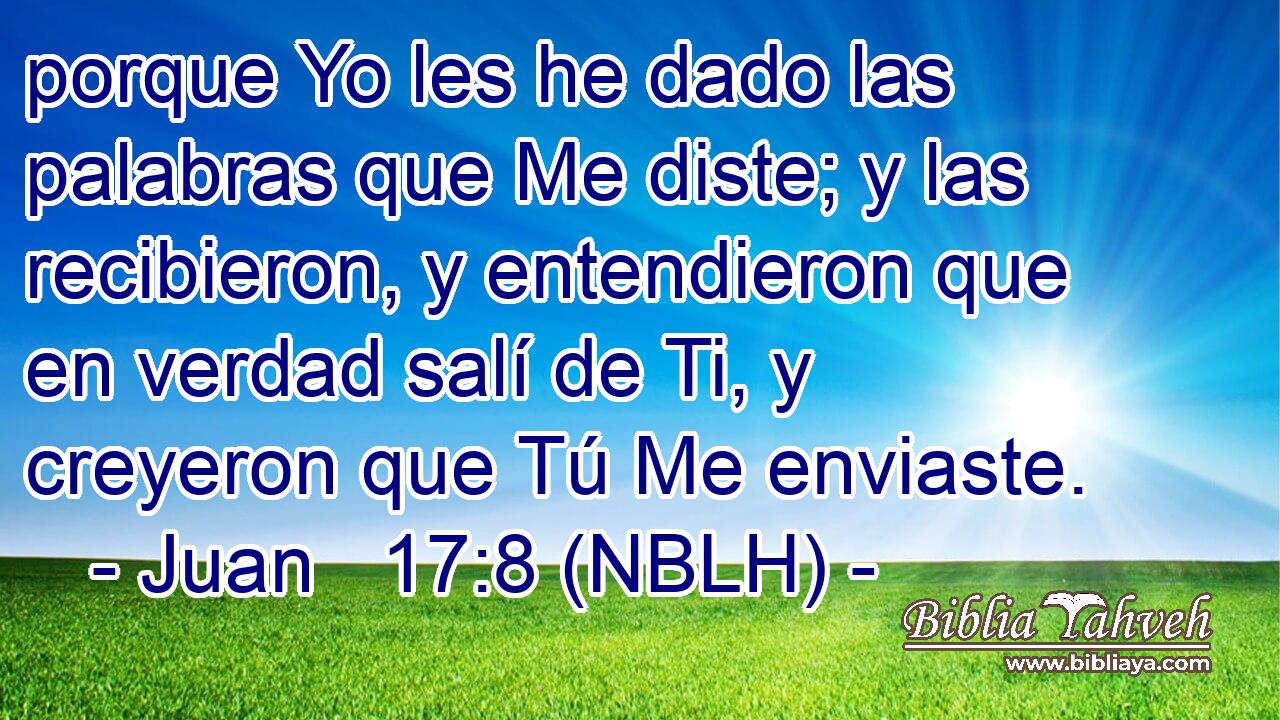  porque Yo les he dado las palabras que Me diste; y las recibieron, y entendieron que en verdad salí de Ti, y creyeron que Tú Me enviaste. 