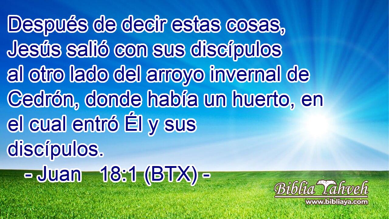 Después de decir estas cosas, Jesús salió con sus discípulos al otro lado del arroyo invernal de Cedrón, donde había un huerto, en el cual entró Él y sus discípulos.