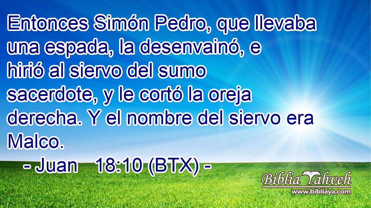 Entonces Simón Pedro, que llevaba una espada, la desenvainó, e hirió al siervo del sumo sacerdote, y le cortó la oreja derecha. Y el nombre del siervo era Malco.