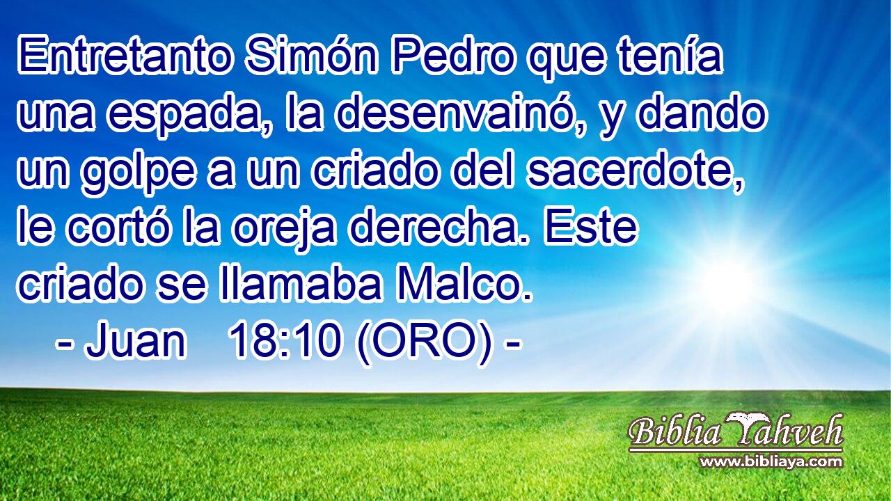  Entretanto Simón Pedro que tenía una espada, la desenvainó, y dando un golpe a un criado del sacerdote, le cortó la oreja derecha. Este criado se llamaba Malco. 