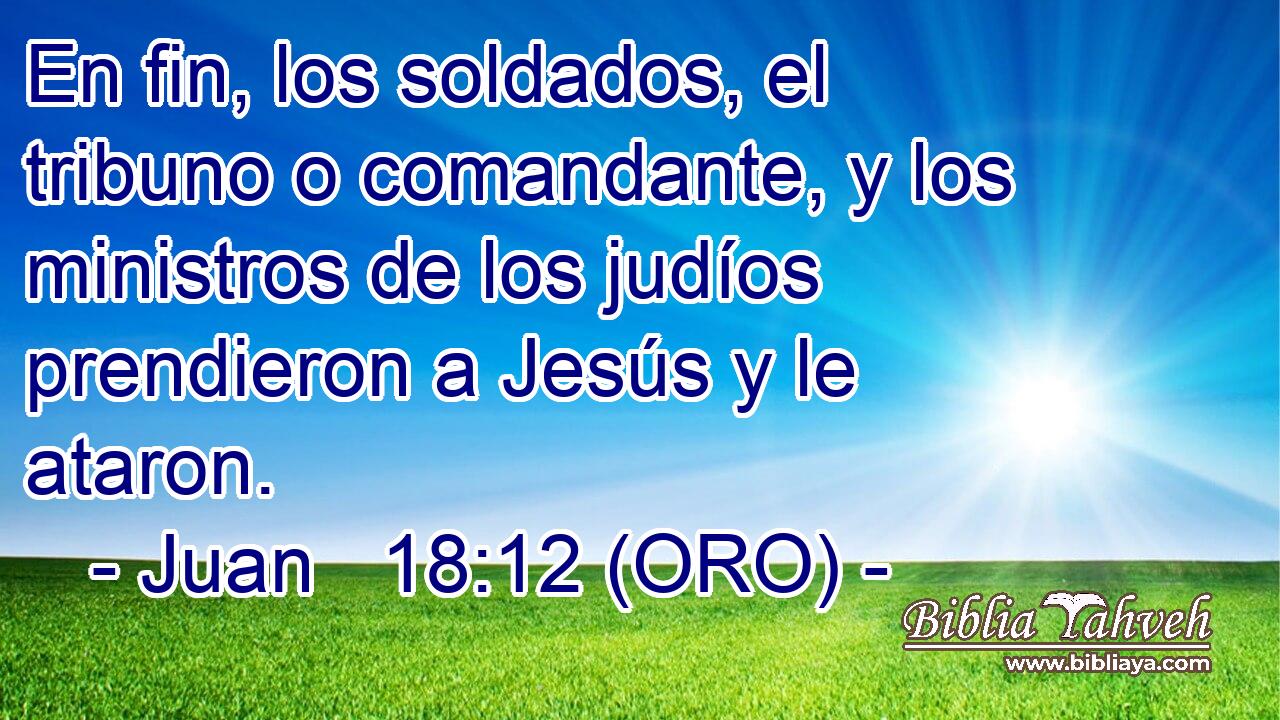  En fin, los soldados, el tribuno o comandante, y los ministros de los judíos prendieron a Jesús y le ataron. 