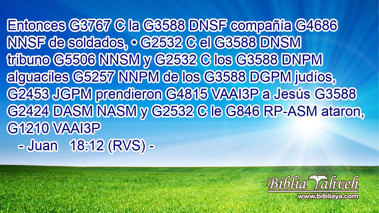 Entonces G3767 C la G3588 DNSF compañía G4686 NNSF de soldados, • G2532 C el G3588 DNSM tribuno G5506 NNSM y G2532 C los G3588 DNPM alguaciles G5257 NNPM de los G3588 DGPM judíos, G2453 JGPM prendieron G4815 VAAI3P a Jesús G3588 G2424 DASM NASM y G2532 C le G846 RP-ASM ataron, G1210 VAAI3P 