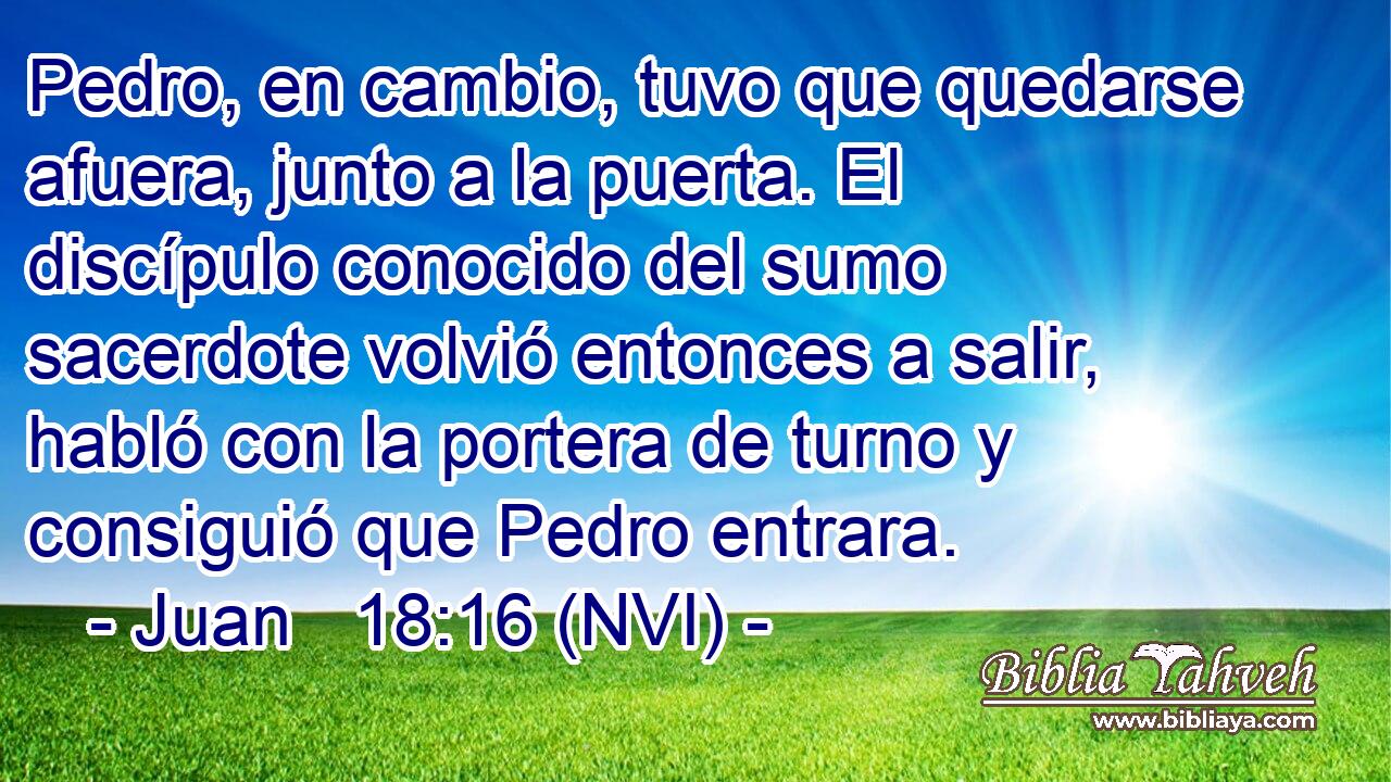  Pedro, en cambio, tuvo que quedarse afuera, junto a la puerta. El discípulo conocido del sumo sacerdote volvió entonces a salir, habló con la portera de turno y consiguió que Pedro entrara. 
