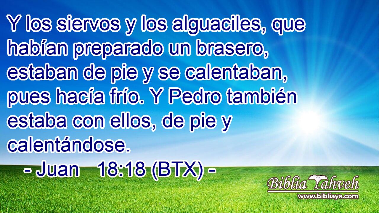 Y los siervos y los alguaciles, que habían preparado un brasero, estaban de pie y se calentaban, pues hacía frío. Y Pedro también estaba con ellos, de pie y calentándose.