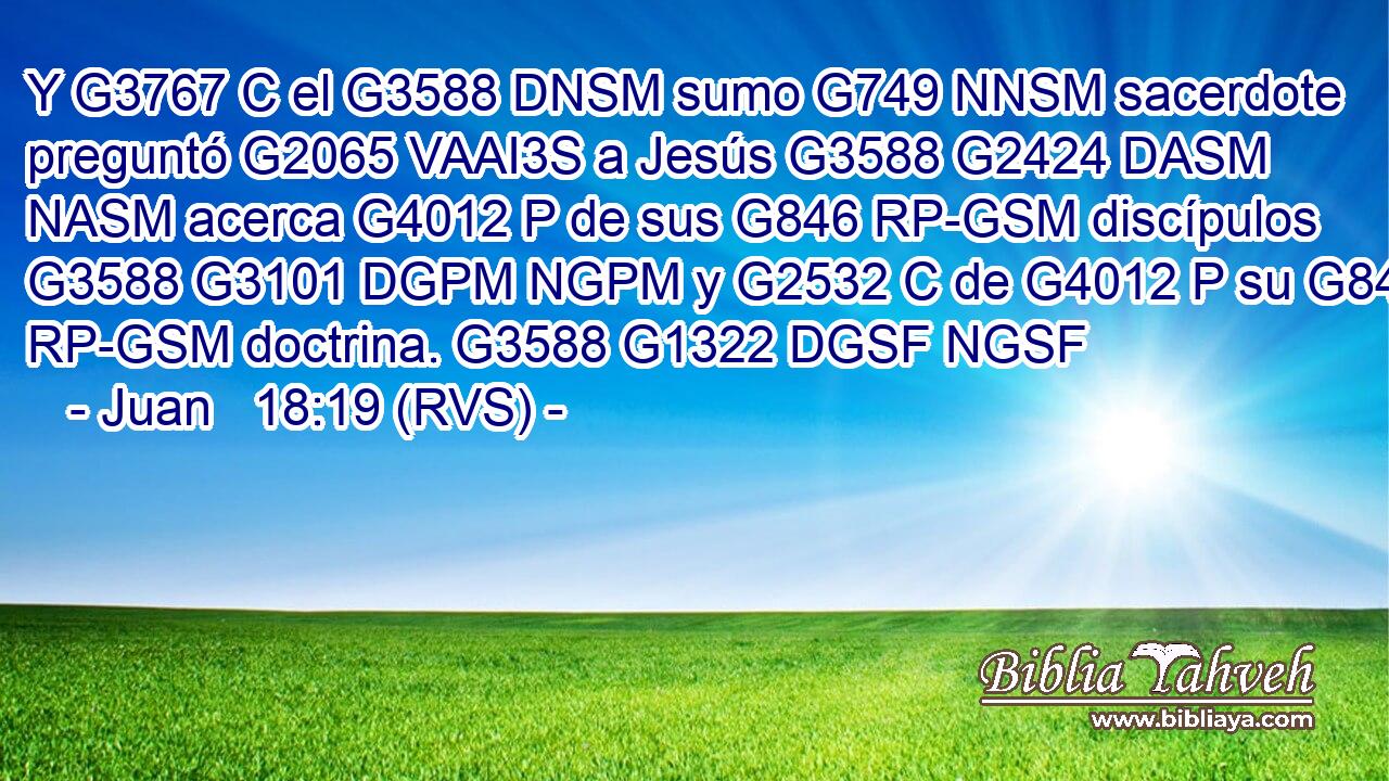 Y G3767 C el G3588 DNSM sumo G749 NNSM sacerdote preguntó G2065 VAAI3S a Jesús G3588 G2424 DASM NASM acerca G4012 P de sus G846 RP-GSM discípulos G3588 G3101 DGPM NGPM y G2532 C de G4012 P su G846 RP-GSM doctrina. G3588 G1322 DGSF NGSF 