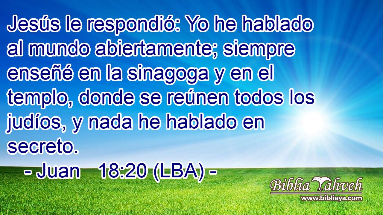 Jesús le respondió: Yo he hablado al mundo abiertamente; siempre enseñé en la sinagoga y en el templo, donde se reúnen todos los judíos, y nada he hablado en secreto.