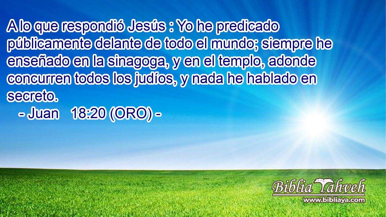  A lo que respondió Jesús : Yo he predicado públicamente delante de todo el mundo; siempre he enseñado en la sinagoga, y en el templo, adonde concurren todos los judíos, y nada he hablado en secreto. 