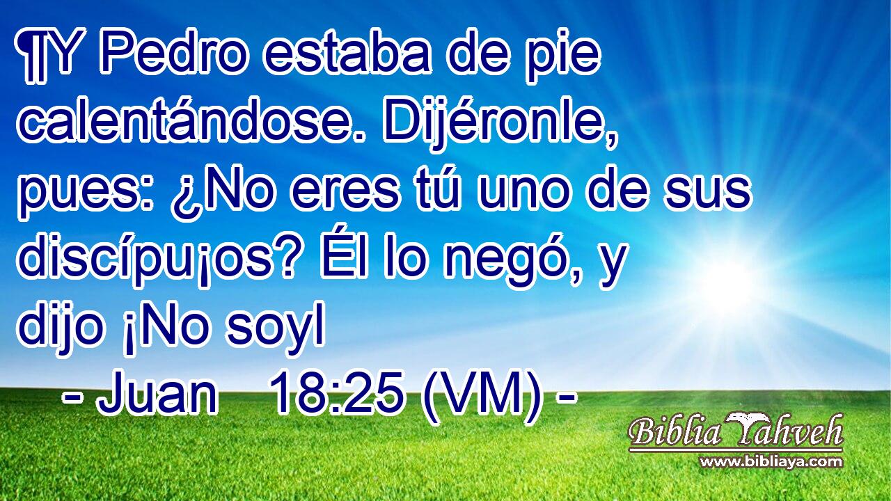  ¶Y Pedro estaba de pie calentándose. Dijéronle, pues: ¿No eres tú uno de sus discípu¡os? Él lo negó, y dijo ¡No soyl 